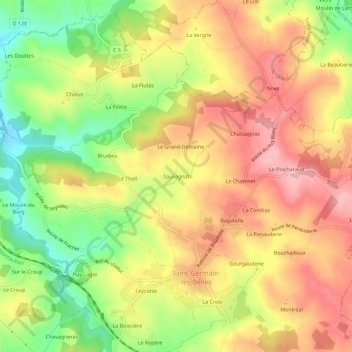 Mapa topográfico Sauvagnat, altitude, relevo