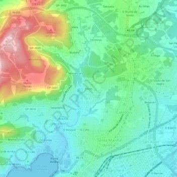 Mapa topográfico Pazos, altitude, relevo