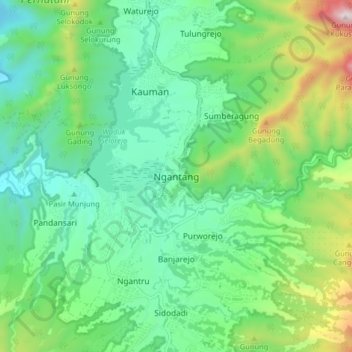 Mapa topográfico Ngantang, altitude, relevo