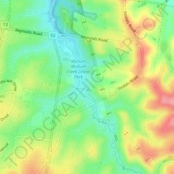 Mapa topográfico Mullum-mullum, altitude, relevo