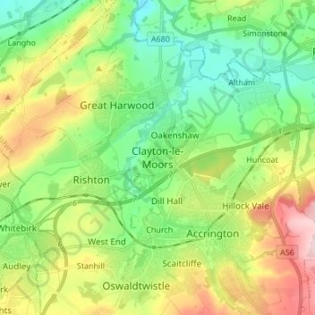 Mapa topográfico Clayton-le-Moors, altitude, relevo