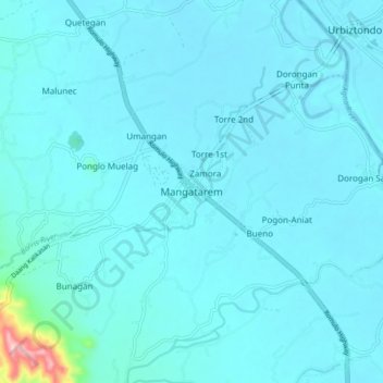 Mapa topográfico Mangatarem, altitude, relevo