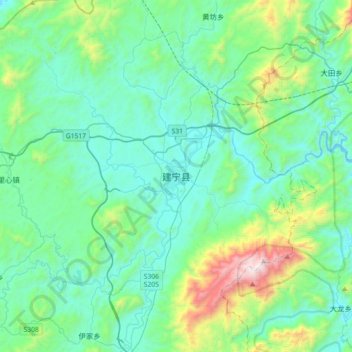 Mapa topográfico 建宁县, altitude, relevo