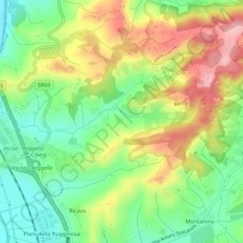Mapa topográfico Gambassi, altitude, relevo