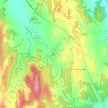 Mapa topográfico Púbol, altitude, relevo