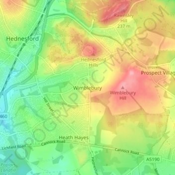 Mapa topográfico Wimblebury, altitude, relevo