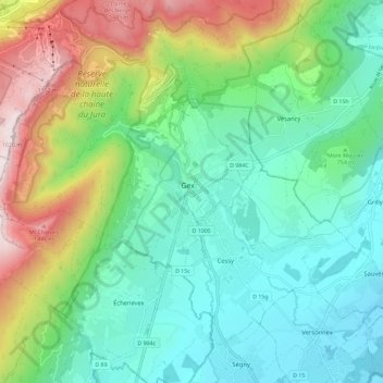 Mapa topográfico Gex, altitude, relevo