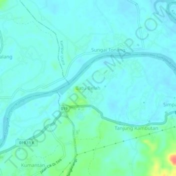 Mapa topográfico Batu Belah, altitude, relevo