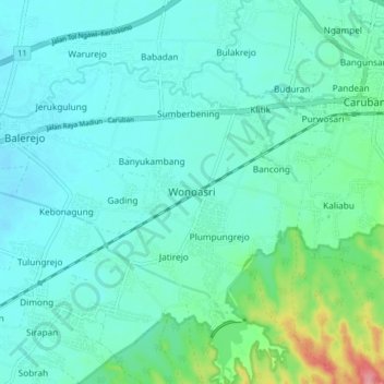Mapa topográfico Wonoasri, altitude, relevo