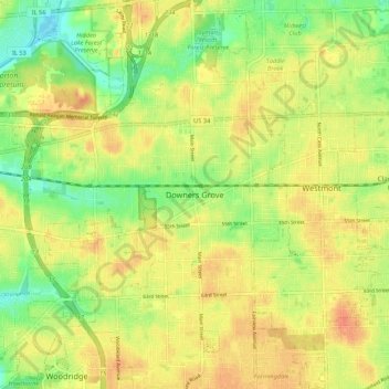 Mapa topográfico Downers Grove, altitude, relevo
