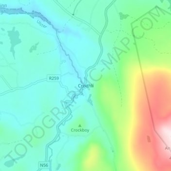 Mapa topográfico Crolly, altitude, relevo