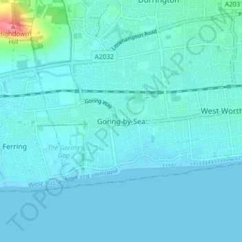 Mapa topográfico Goring-by-Sea, altitude, relevo