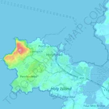 Mapa topográfico Holyhead, altitude, relevo