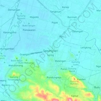 Mapa topográfico Tawangsari, altitude, relevo