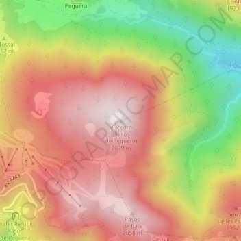 Mapa topográfico el Pedró (Rasos de Peguera), altitude, relevo