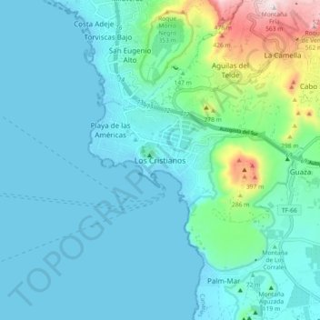 Mapa topográfico Los Cristianos, altitude, relevo