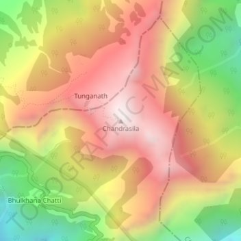 Mapa topográfico Chandrashila, altitude, relevo