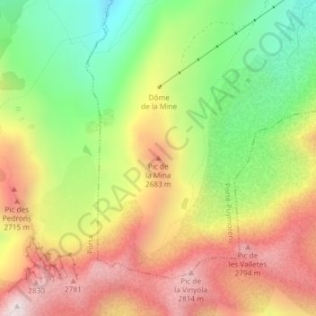 Mapa topográfico Pic de la Mina, altitude, relevo