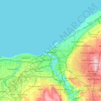 Mapa topográfico Cleveland, altitude, relevo