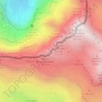 Mapa topográfico Picos de la Cascada Occidental, altitude, relevo