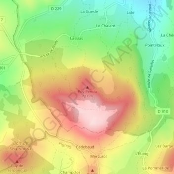 Mapa topográfico Puy Pendu, altitude, relevo
