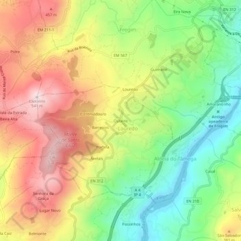Mapa topográfico Outeiro, altitude, relevo