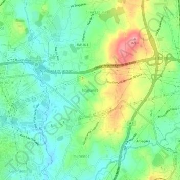 Mapa topográfico Nogueira, altitude, relevo