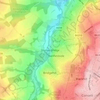 Mapa topográfico Shotley Bridge, altitude, relevo