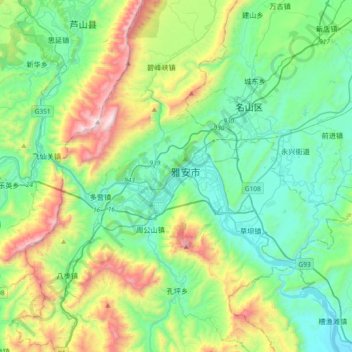Mapa topográfico 雨城区, altitude, relevo
