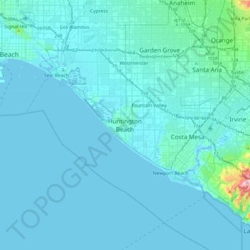 Mapa topográfico Huntington Beach, altitude, relevo