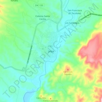 Mapa topográfico Jalpa, altitude, relevo