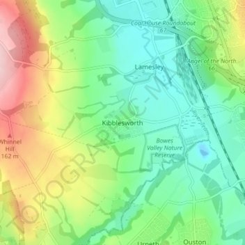 Mapa topográfico Kibblesworth, altitude, relevo