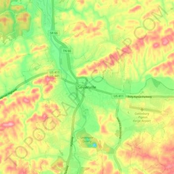 Mapa topográfico Sevierville, altitude, relevo