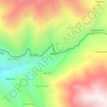 Mapa topográfico Yupash, altitude, relevo