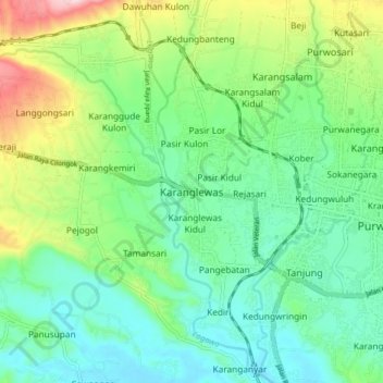 Mapa topográfico Karanglewas, altitude, relevo