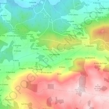 Mapa topográfico San Pantaión, altitude, relevo