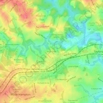 Mapa topográfico Seven Oaks, altitude, relevo