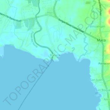 Mapa topográfico Bucana, altitude, relevo