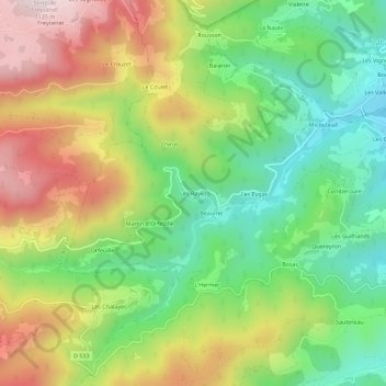 Mapa topográfico Les Rayes, altitude, relevo