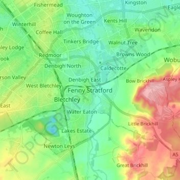 Mapa topográfico Fenny Stratford, altitude, relevo