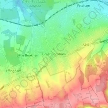 Mapa topográfico Great Bookham, altitude, relevo