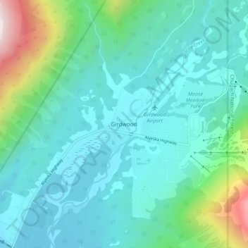 Mapa topográfico Girdwood, altitude, relevo