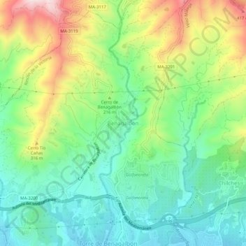 Mapa topográfico Benagalbón, altitude, relevo