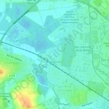 Mapa topográfico Les Marais de Courcelles, altitude, relevo