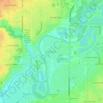 Mapa topográfico Ravenswood, altitude, relevo