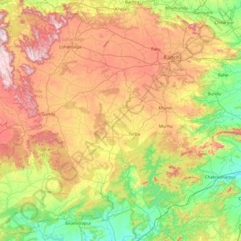 Mapa topográfico Ranchi, altitude, relevo
