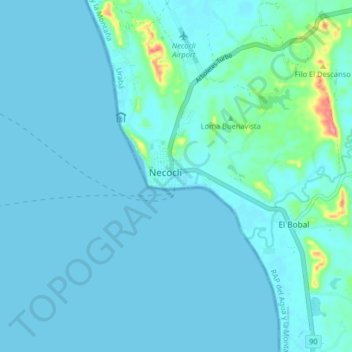 Mapa topográfico Necoclí, altitude, relevo