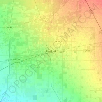 Mapa topográfico Hanford, altitude, relevo