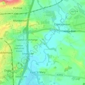 Mapa topográfico Sowton Village, altitude, relevo
