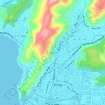 Mapa topográfico Mabayuan, altitude, relevo